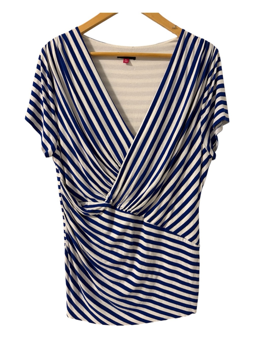 Vince Camuto XL Blue White Striped Faux Wrap Short Sleeve Top